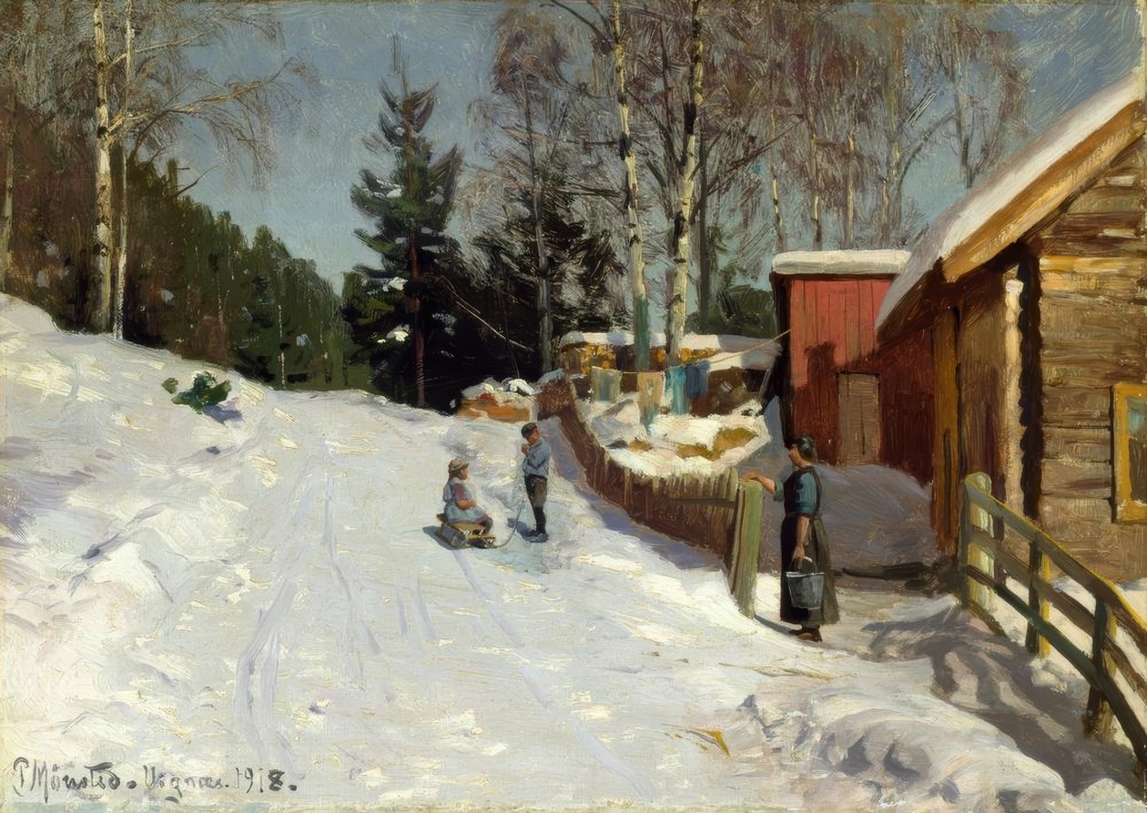 Děti si hrají na zasněžené vesnické ulici od Peder Monsted