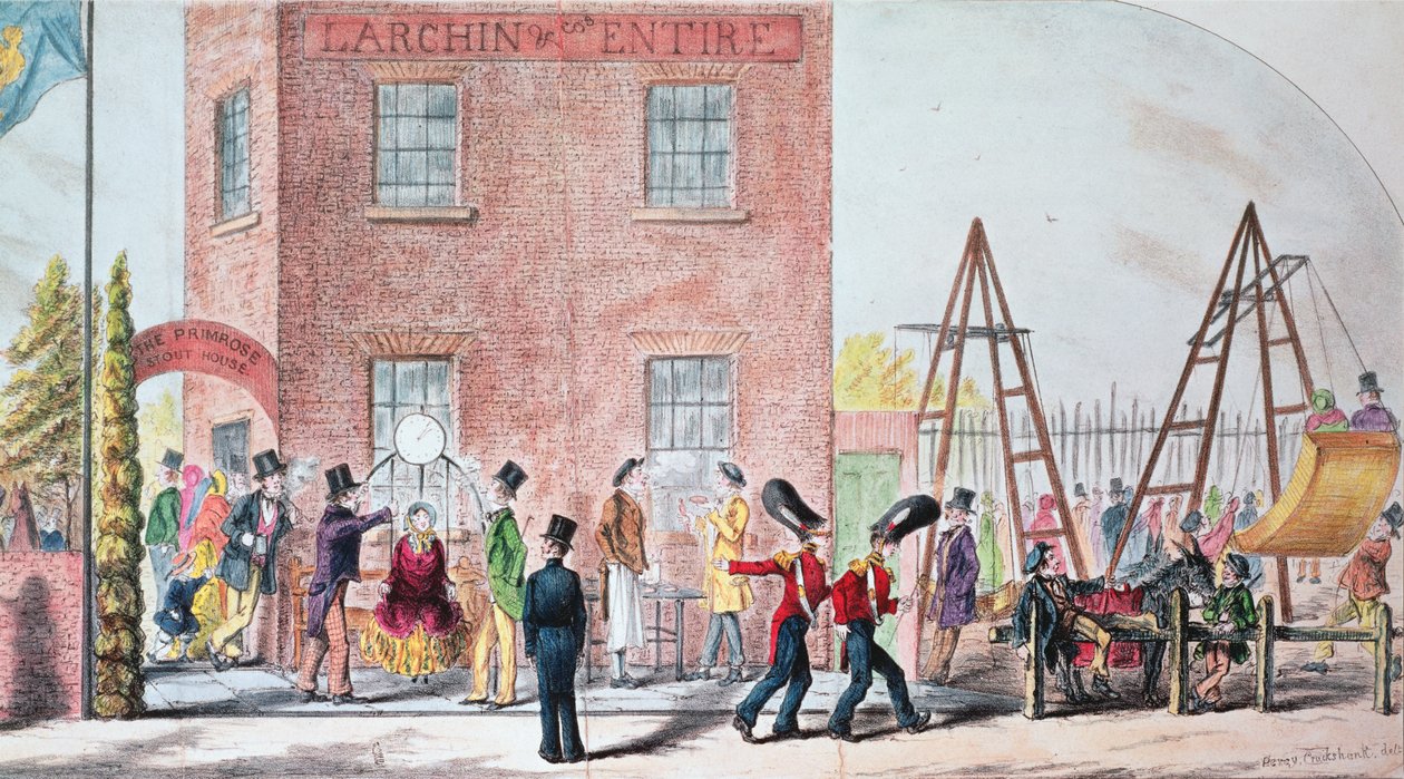 Fair (houpačky) v Primrose Tavern, Chalk Farm (tisk) od Percy Cruikshank