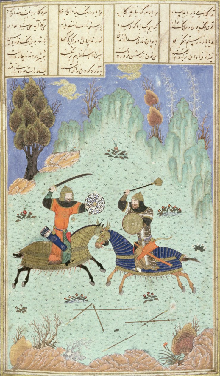 Bitva mezi Rustamem a Isfandiyarem, ilustrace z Shahnamy (Kniha králů), Abul-Qasim Manur Firdawsi (c.934-c.1020) c.1440-45 (pero, inkoust a wc na pergamenu) od Persian School