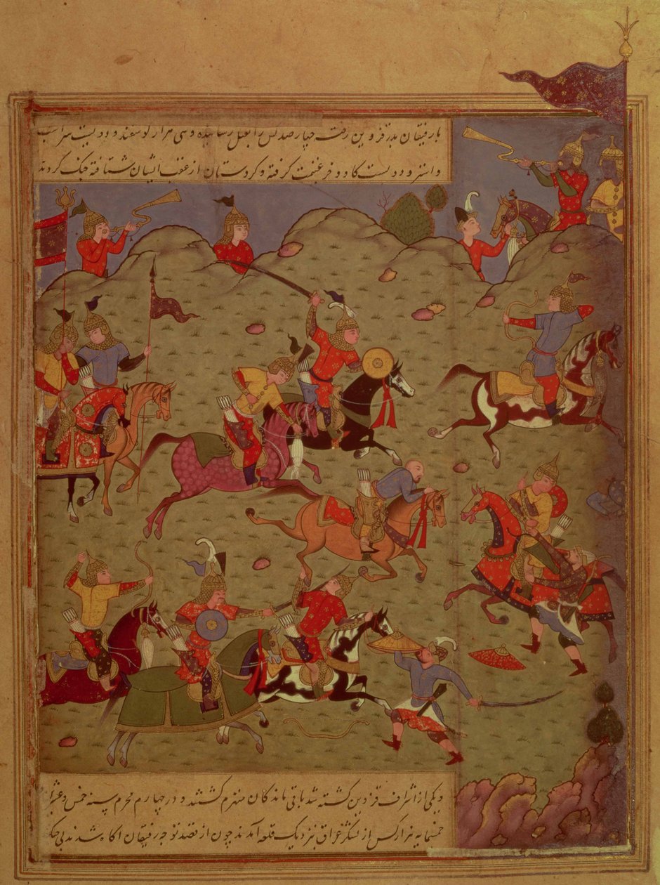 Codrington MS (č. 249A). Bitevní scéna, z Iskandar-nama od Nizamiho, kolem 1525 (wc, inkoust a zlato na papíře) od Persian School