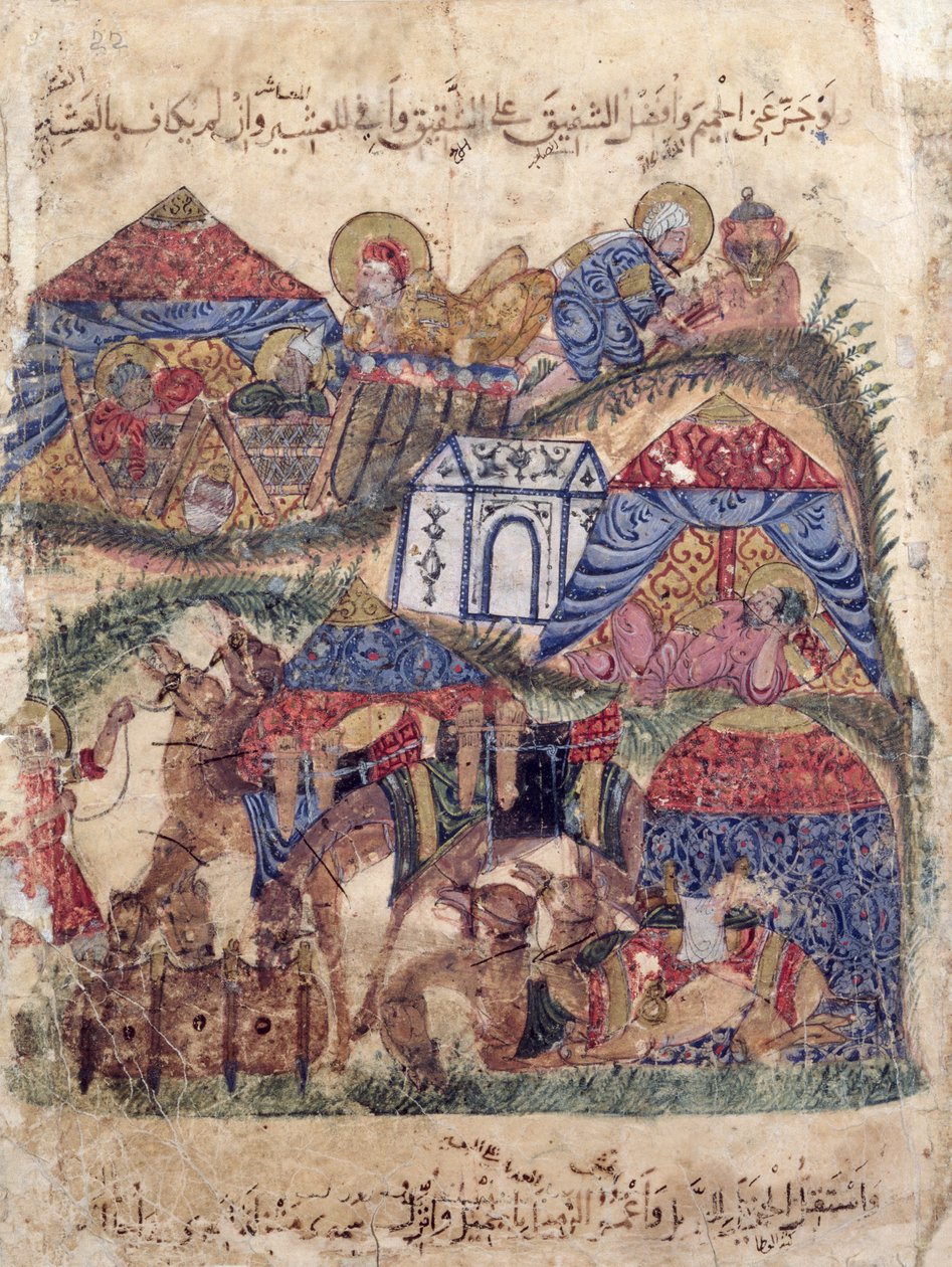 Ms c-23 f.12a, Zastávka karavany, z knihy Al-Haririho "Maqamat" (Setkání), asi 1240 (kvaš na pergamenu) od Persian School