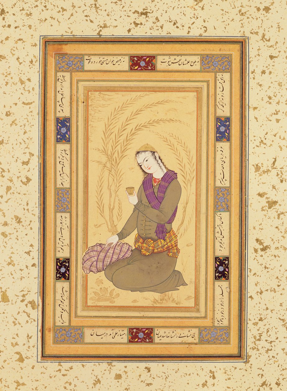 Sedící mladík držící pohár, z Velkého Cliveova alba, asi 1610-20 od Persian School