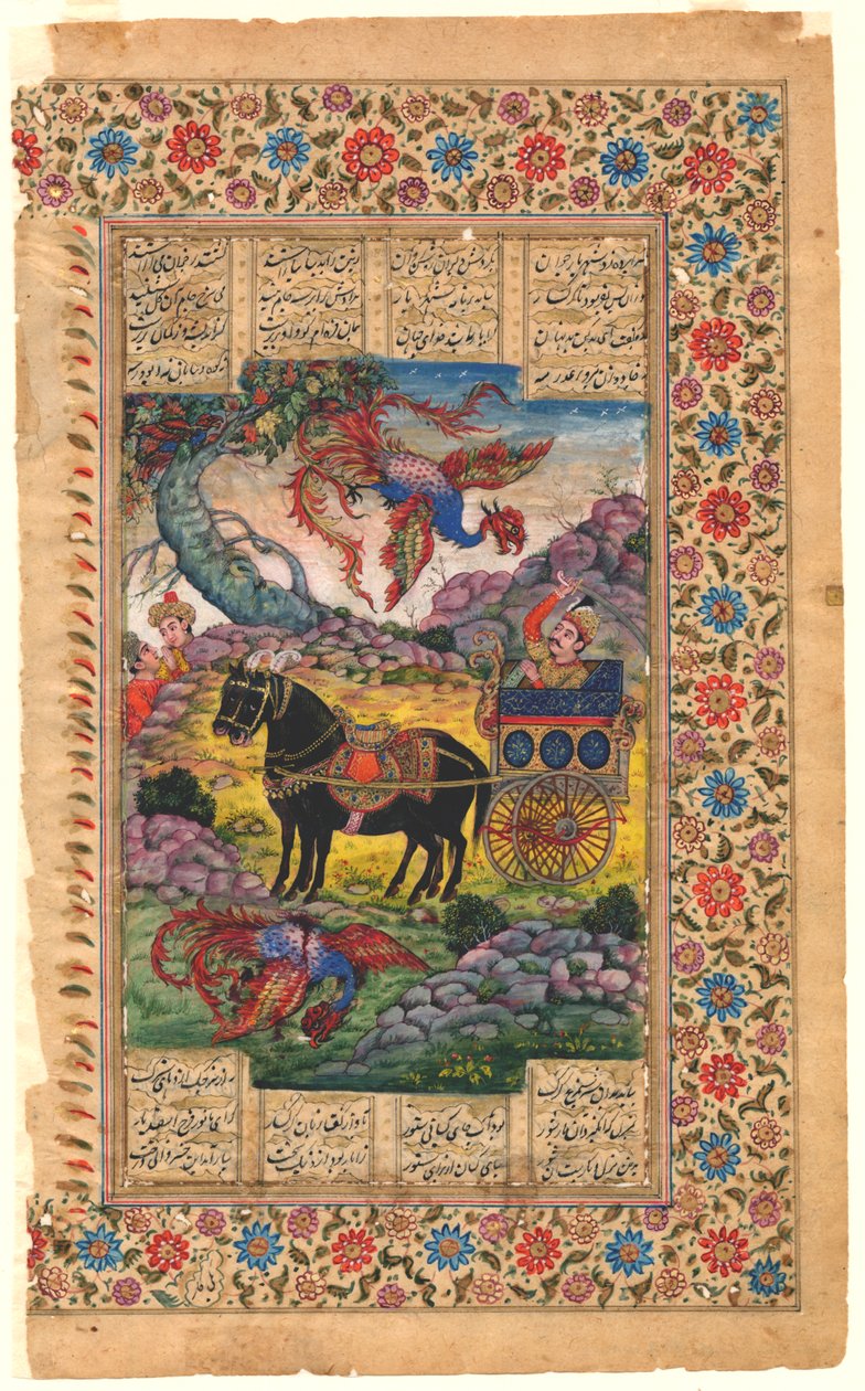Shahnama: Isfandiyar ve svém obrněném autě naráží na Simurgh, 1600-1625 (tempera) od Persian School