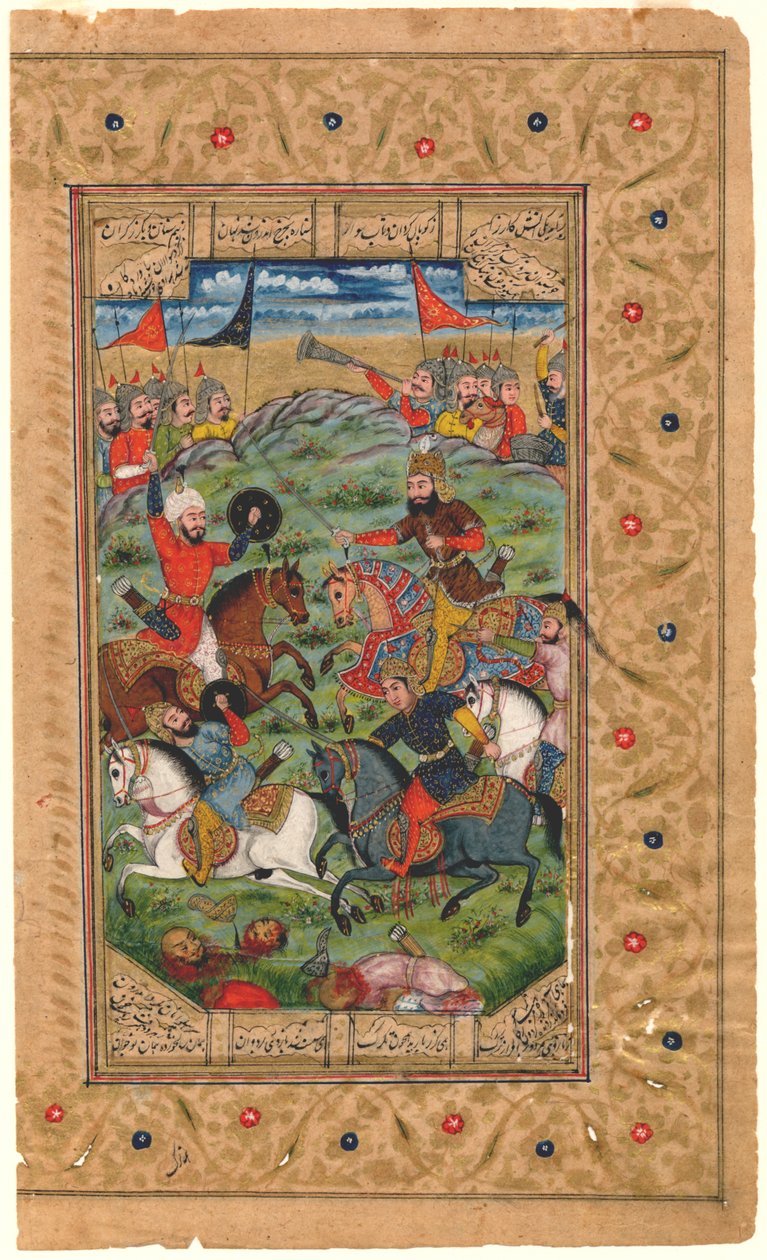 Shahnama: Rustam a Isfandiyar zahajují svůj boj, 1600-1625 (tempera) od Persian School