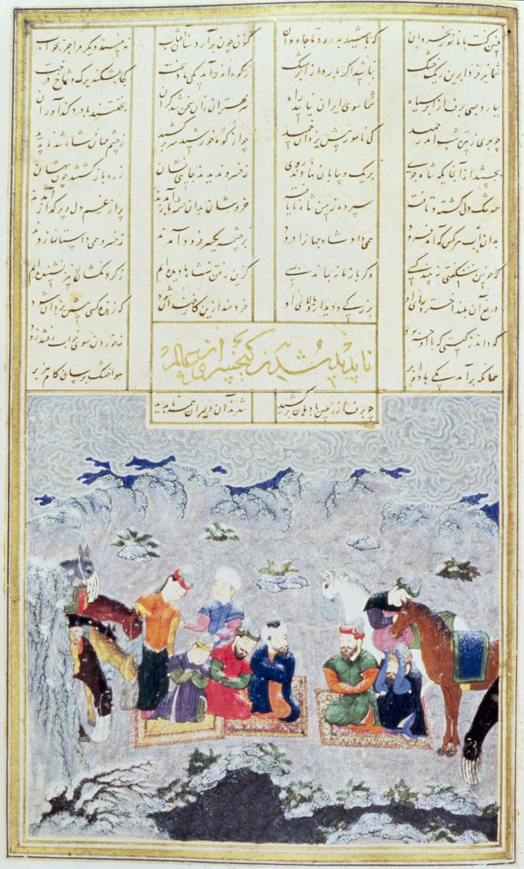 Paladinové ve sněhové bouři, ilustrace z Shahnamy (Kniha králů), od Abul-Qasima Manura Firdawsiho (c.934-c.1020) c.1440-45 (pero, inkoust a wc na pergamenu) od Persian School