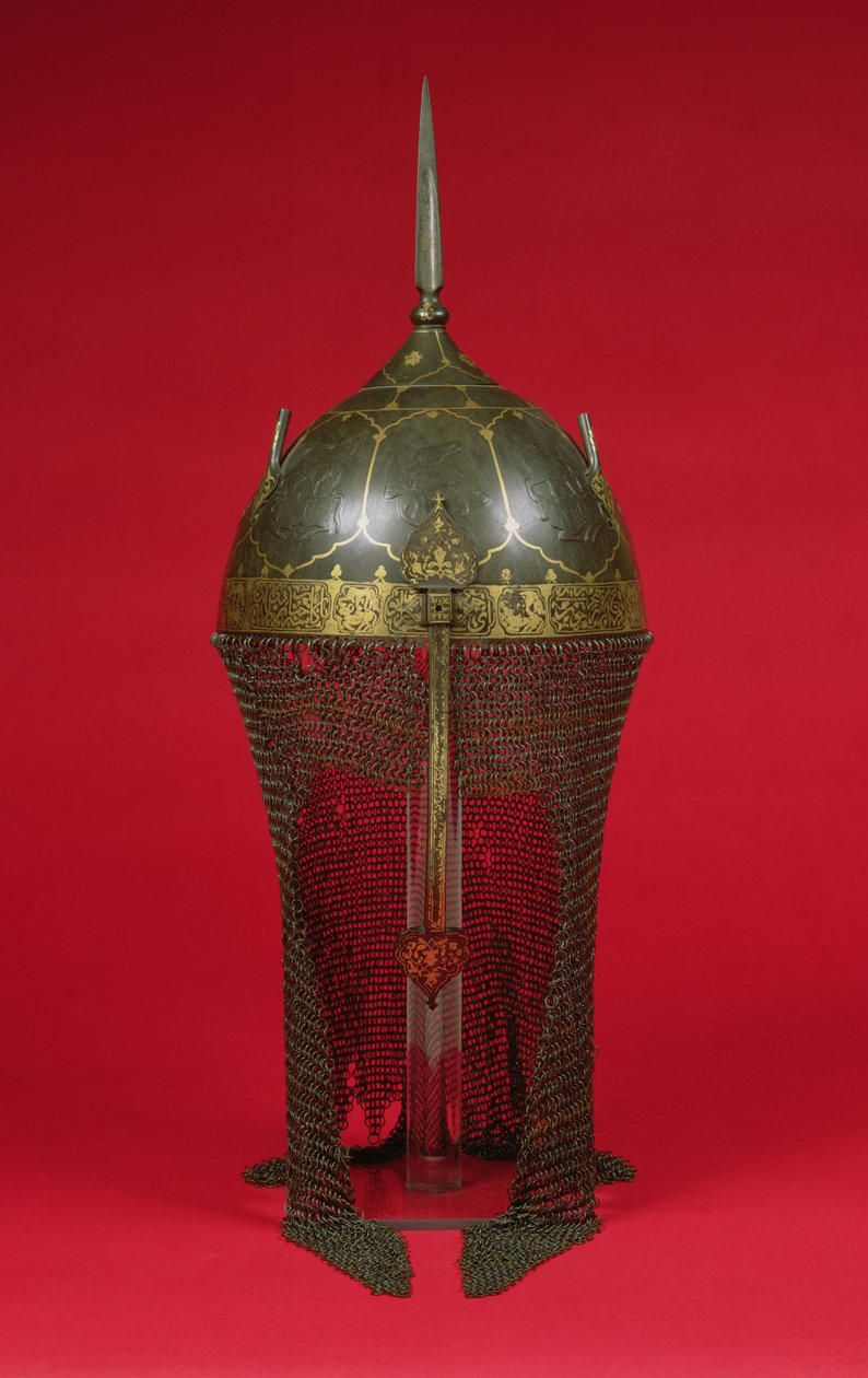Přilba s chráničem drátěného pletiva, období Safavid (zlacené, ocelové a mosazné) od Persian School