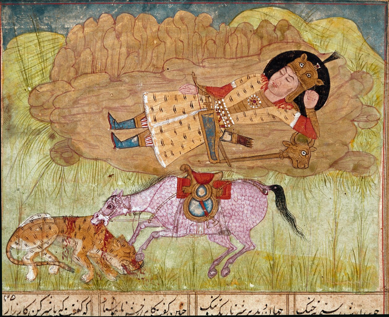Rostam spící, poblíž svého koně a zabitého leoparda, z rukopisu Shahnameh od Firdawsiho od Persian School