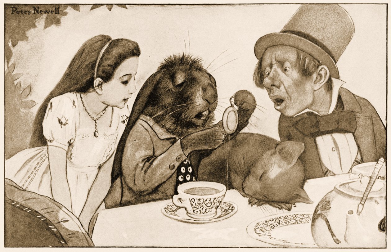 „Ponořil to do svého šálku čaje a znovu se na to podíval“, ilustrace pro Lewise Carrolla Alenka v říši divů, 1901 od Peter Newell