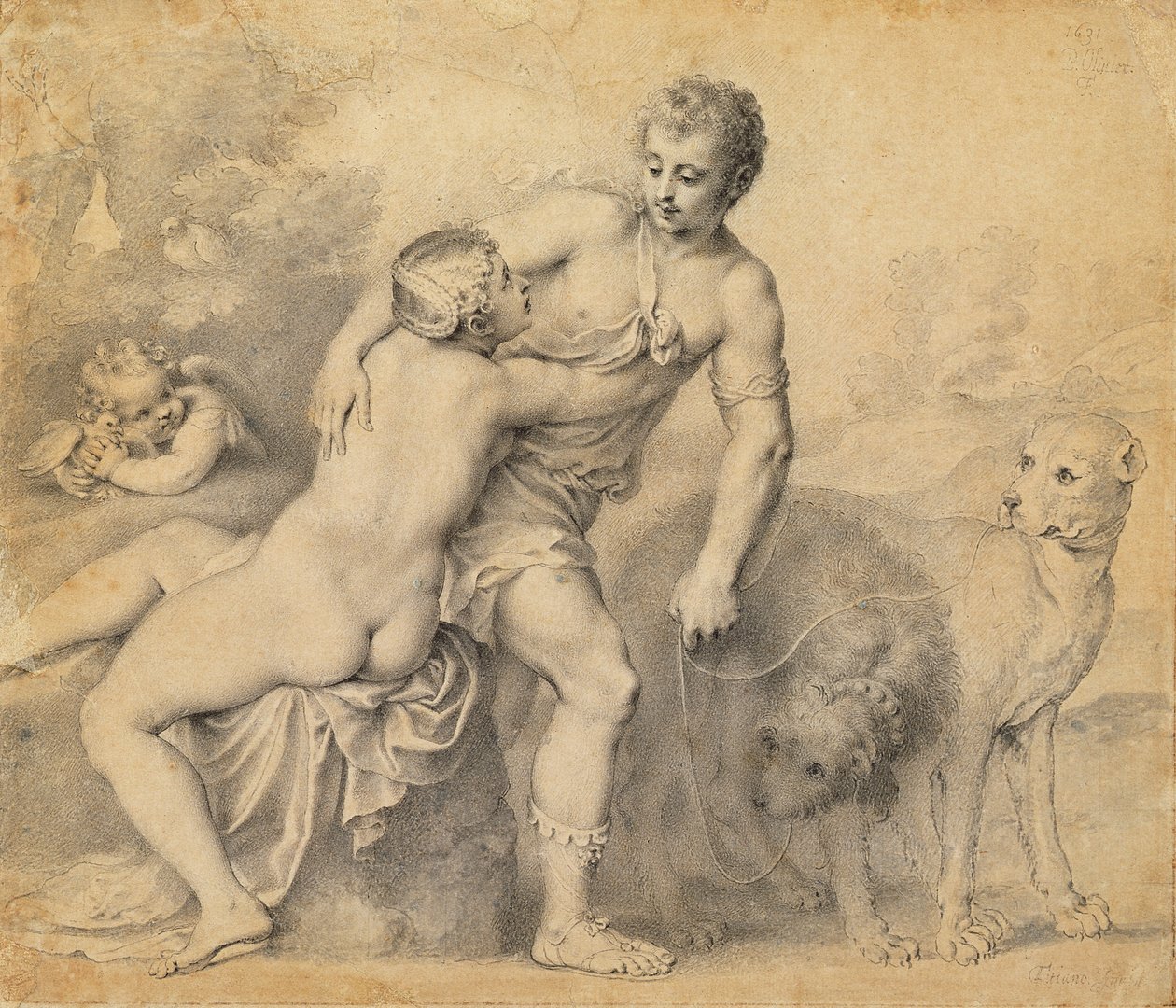 Venuše a Adonis, 1631 (pero a inkoust s mytím na papíře) od Peter Oliver