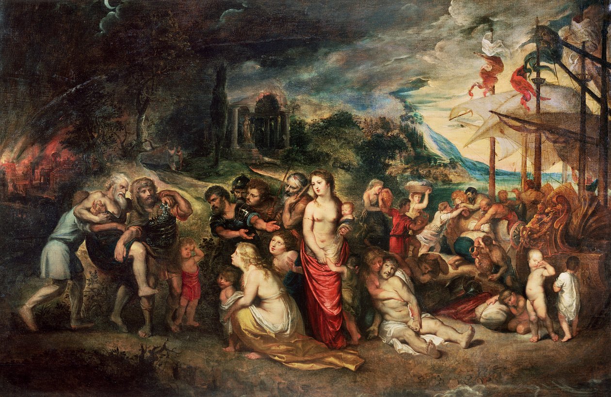 Aeneas se připravuje vést Trojany do vyhnanství, kolem roku 1602 od Peter Paul Rubens