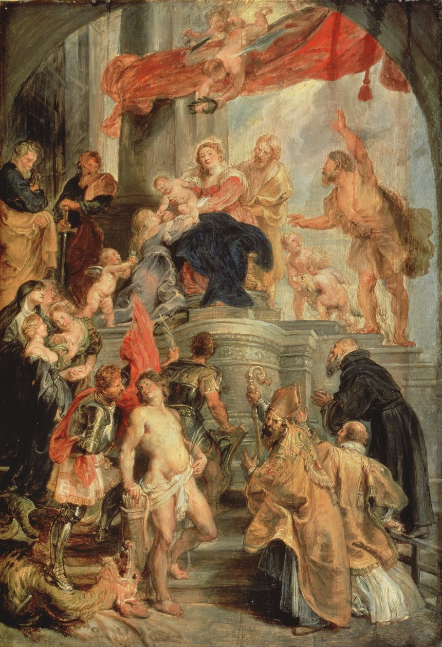 Intronizovaná Madona s dítětem, obklopená svatými, kolem 1627-28 od Peter Paul Rubens