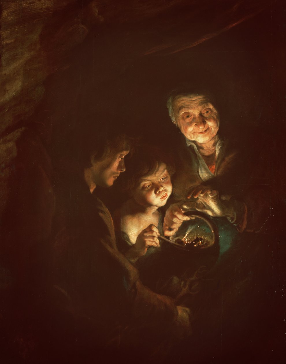 Stará žena s pánví, kolem 1616-20 (olej na dřevě) od Peter Paul Rubens
