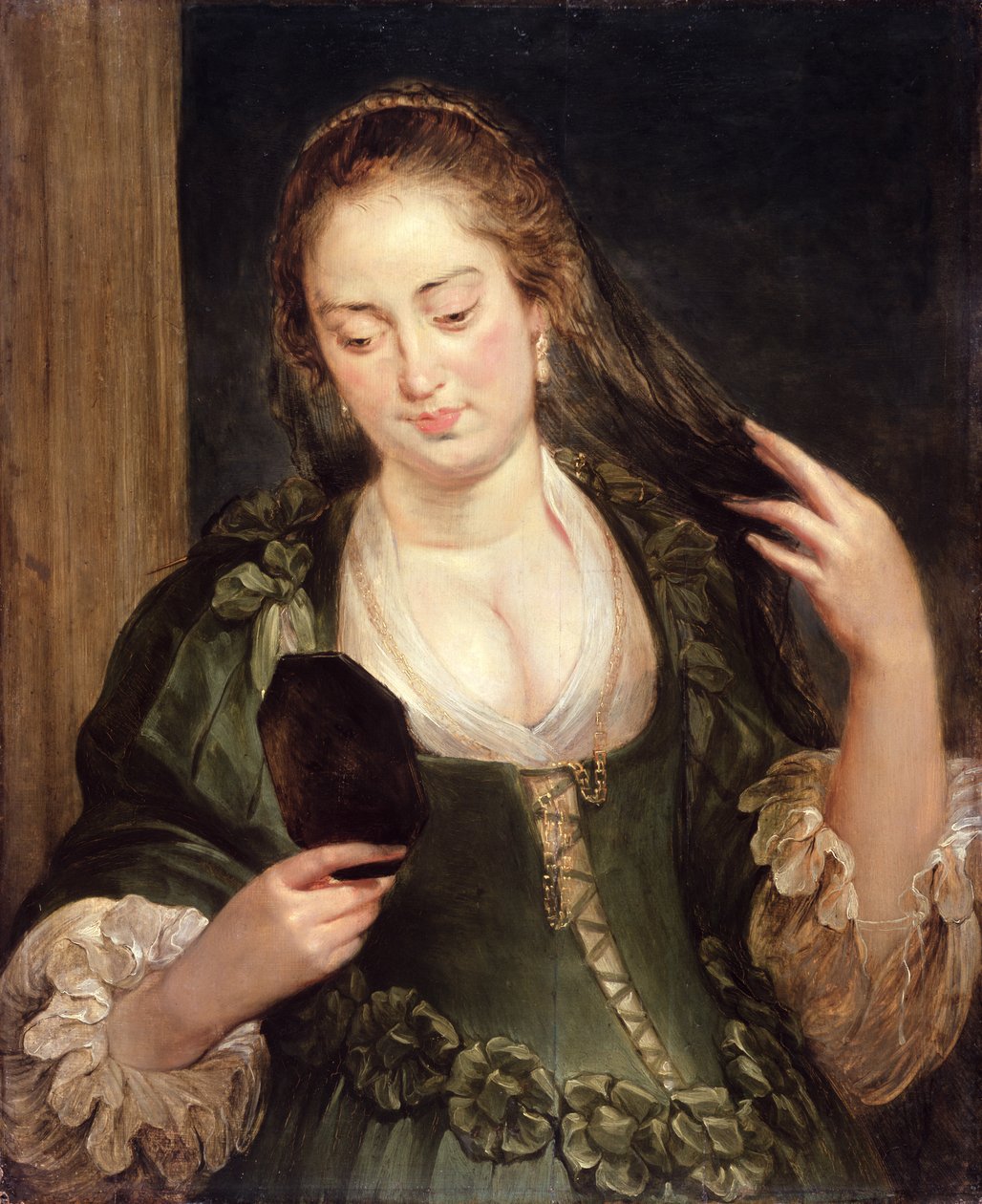 Dívka se zrcadlem (olej na dubu) od Follower of Peter Paul Rubens