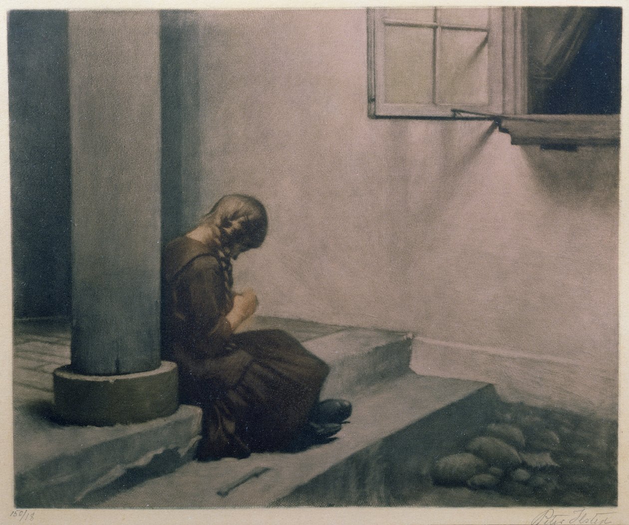 Dívka sedící na schodech (kolorovaná mezzotinta) od Peter Vilhelm Ilsted