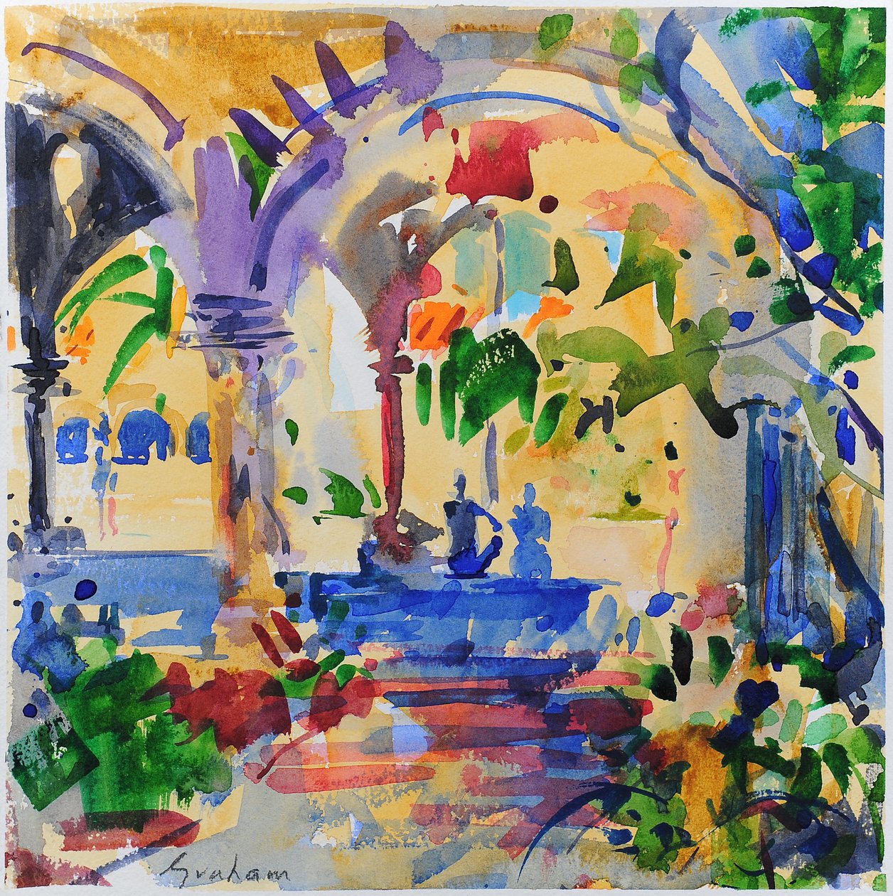 Stanford Cloisters, Kalifornia, 2022 (akvarelli) od Peter Graham