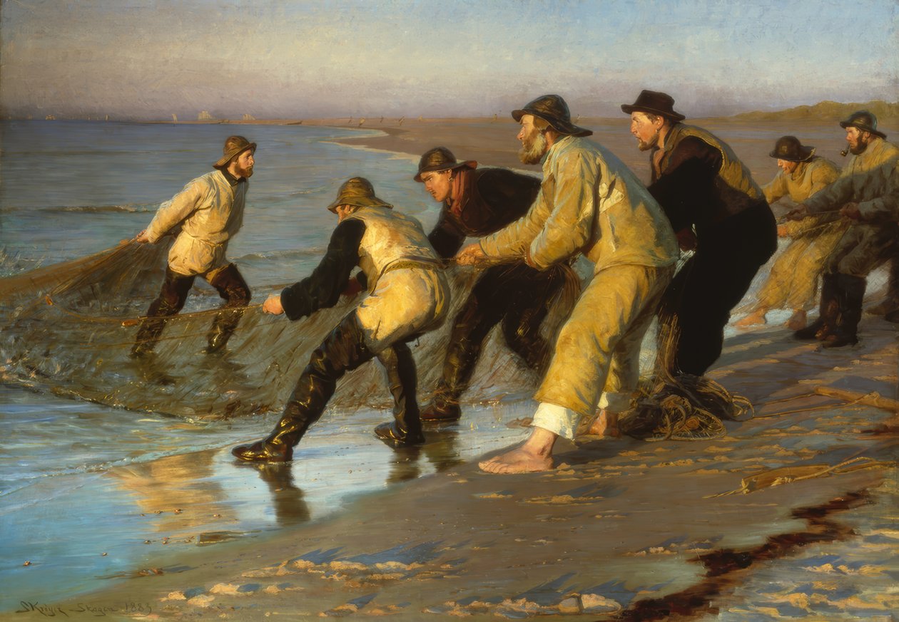 Rybáři vytahují sítě na pláži Skagen od Peder Severin Krøyer