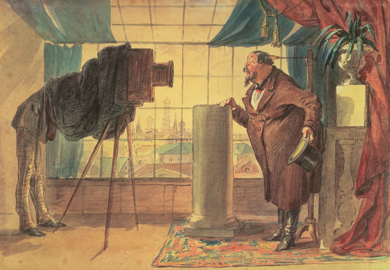 Podnikatel ve studiu Photographers, 1860 (wc) od Petr Mikhailovich Shmelkov