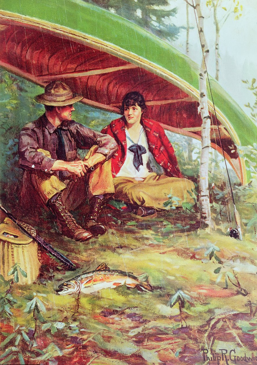 Pár beroucí úkryt před deštěm pod člunem od Philip Russell Goodwin