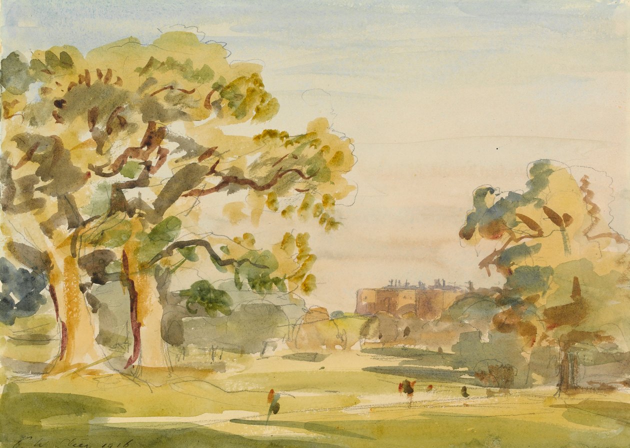 Pohled na hrad Chirk, 1916 (grafit a wc na papíře) od Philip Wilson Steer