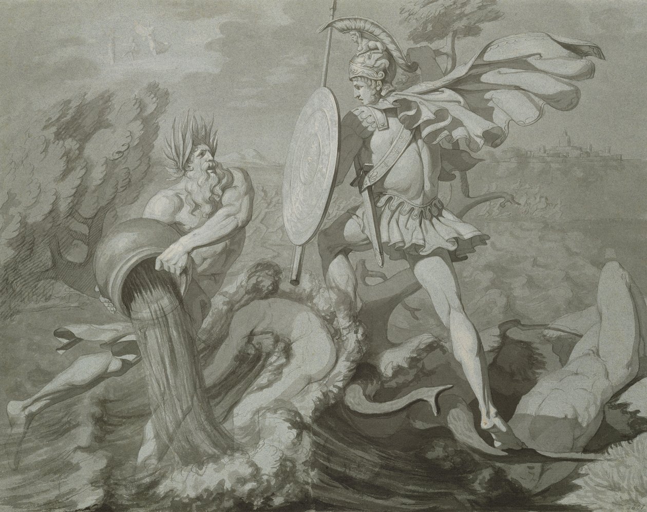 Boj Achilla s řekou Scamander (černá a šedá barva na papíře) od Philipp Otto Runge