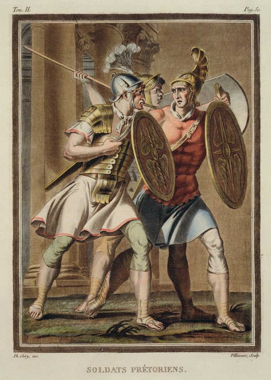 Vojáci pretoriánské gardy, kostýmy pro „Britannicus“ od Jeana Racina, ze svazku II „Výzkum kostýmů a divadla všech národů“, vyryl Villeneuve, 1802 od Philippe Chery