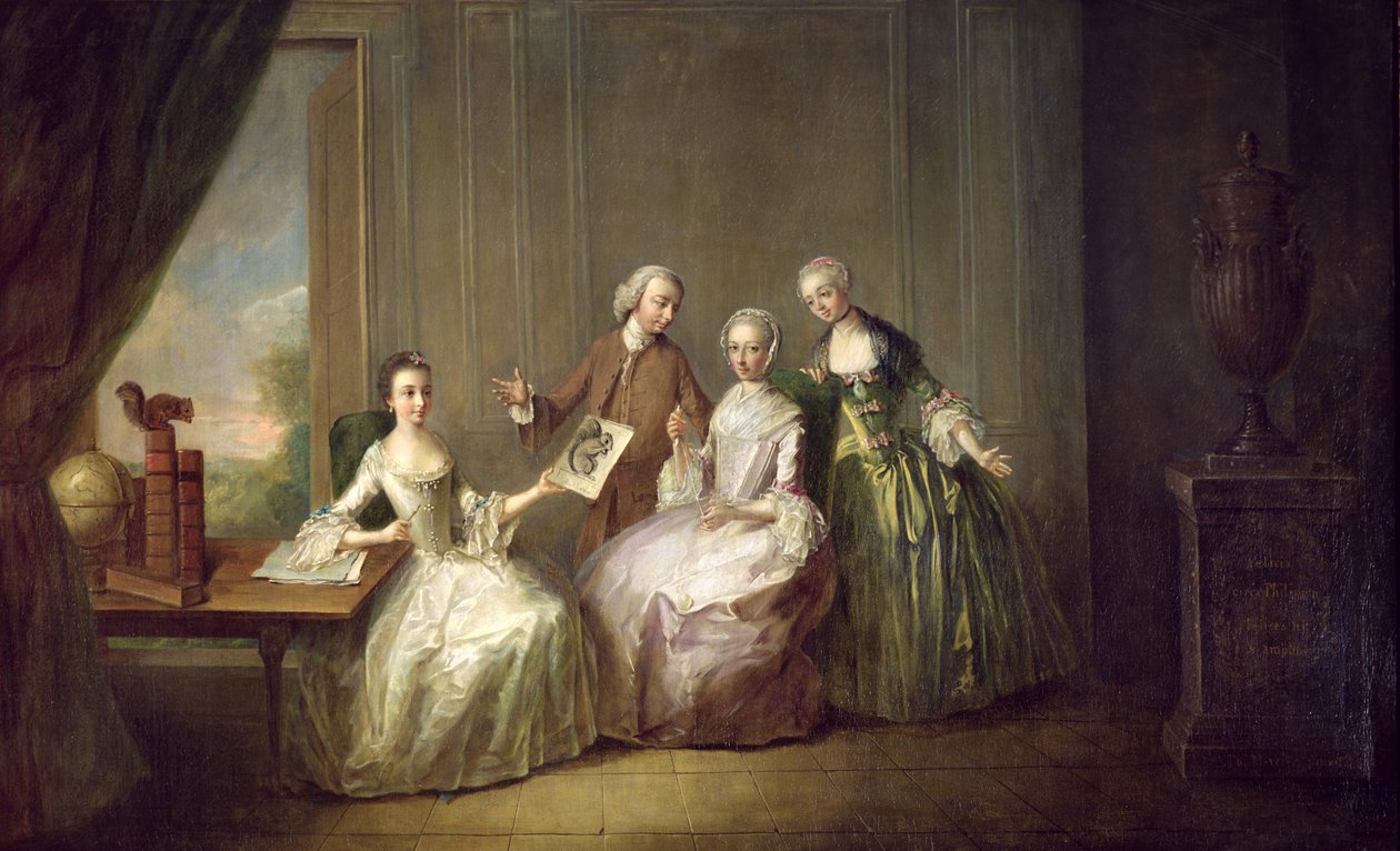 Rodina v interiéru s veverkami, možná rodina Burton z Elthamu, Kent, 1755-60 od Philippe Mercier