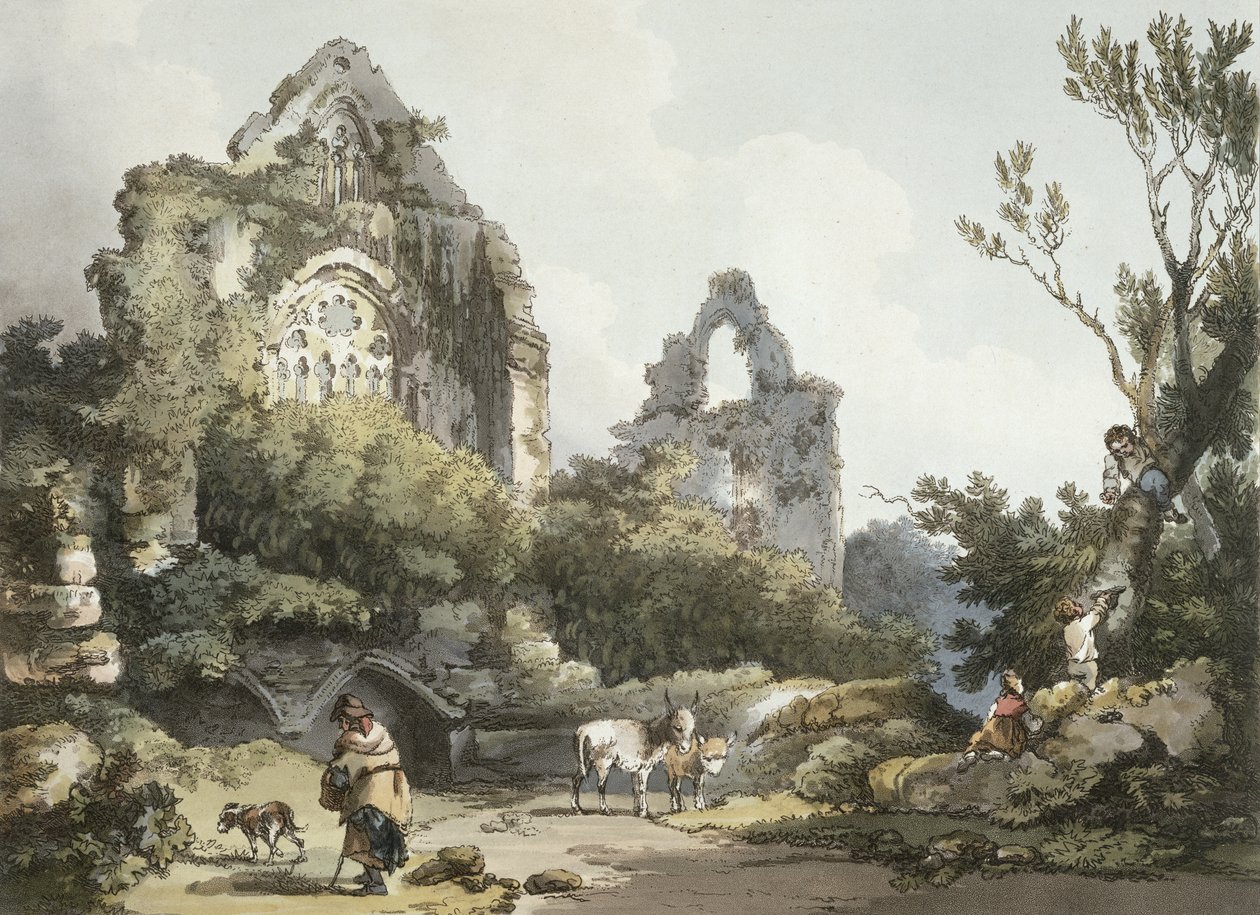 Tintern Abbey, z „Romantické a malebné scenérie Anglie Wales“, vydané 1805 (barevná rytina) od Philippe Jacques de Loutherbourg