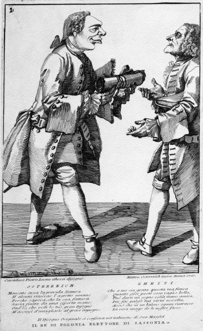 Osterreich and the Cavaliere Ghezzi, tisk Matthias Oesterreich, 1751 od Pier Leone Ghezzi