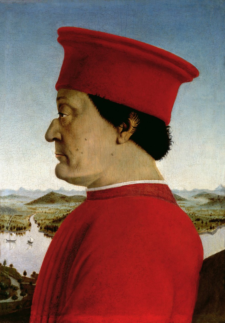 Federigo da Montefeltro (1422-82) vévoda z Urbina, kolem 1465 (tempera na panelu) (reverzní viz 69441-42) (detail z 95420) od Piero della Francesca