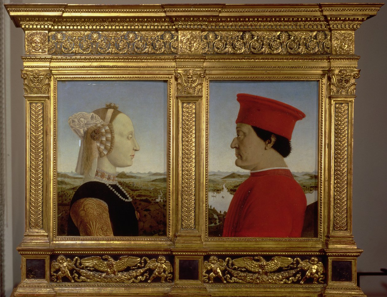 Portréty vévody Federica da Montefeltro (1422–82) a Battisty Sforzy, kolem roku 1465 (tempera na panelu) od Piero della Francesca