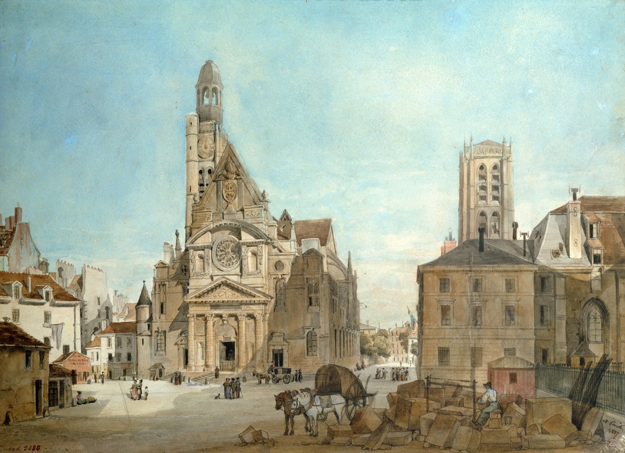 Fasáda kostela St. Etienne du Mont, Paříž, 1837 (wc na papíře) od Pierre Achille Poirot