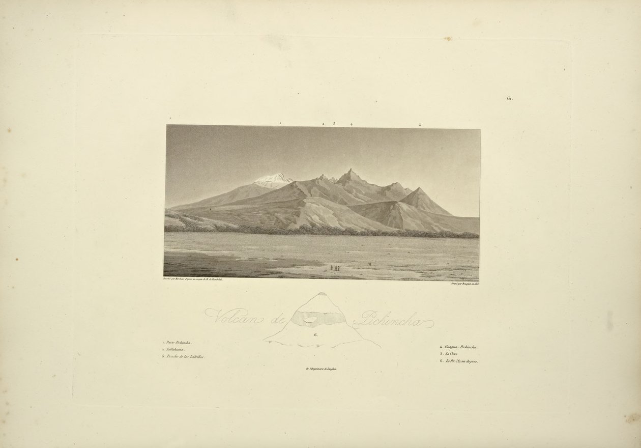 Sopky Pichincha, vyryté Bouquetem, ilustrace z "Vues des Cordillères et Monumens des Peuples Indigènes de l"Amérique" od Alexandra von Humboldta a Aime Bonpland, 1813 od Pierre Antoine Marchais