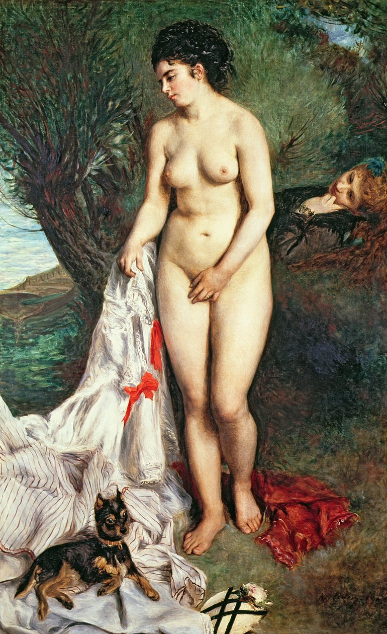 Bather with a Griffon dog, 1870 od Pierre Auguste Renoir