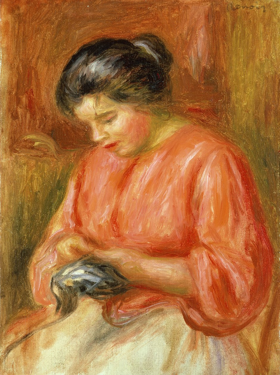 Dívka v červeném, pletení od Pierre Auguste Renoir