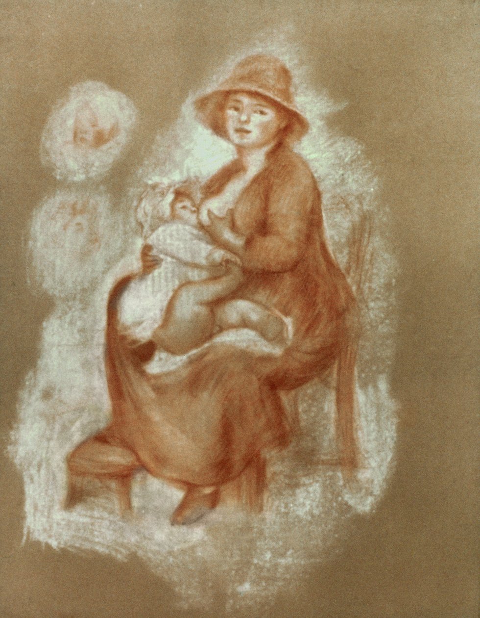 Mateřství, 1885-6 (červená křída na papíře) od Pierre Auguste Renoir