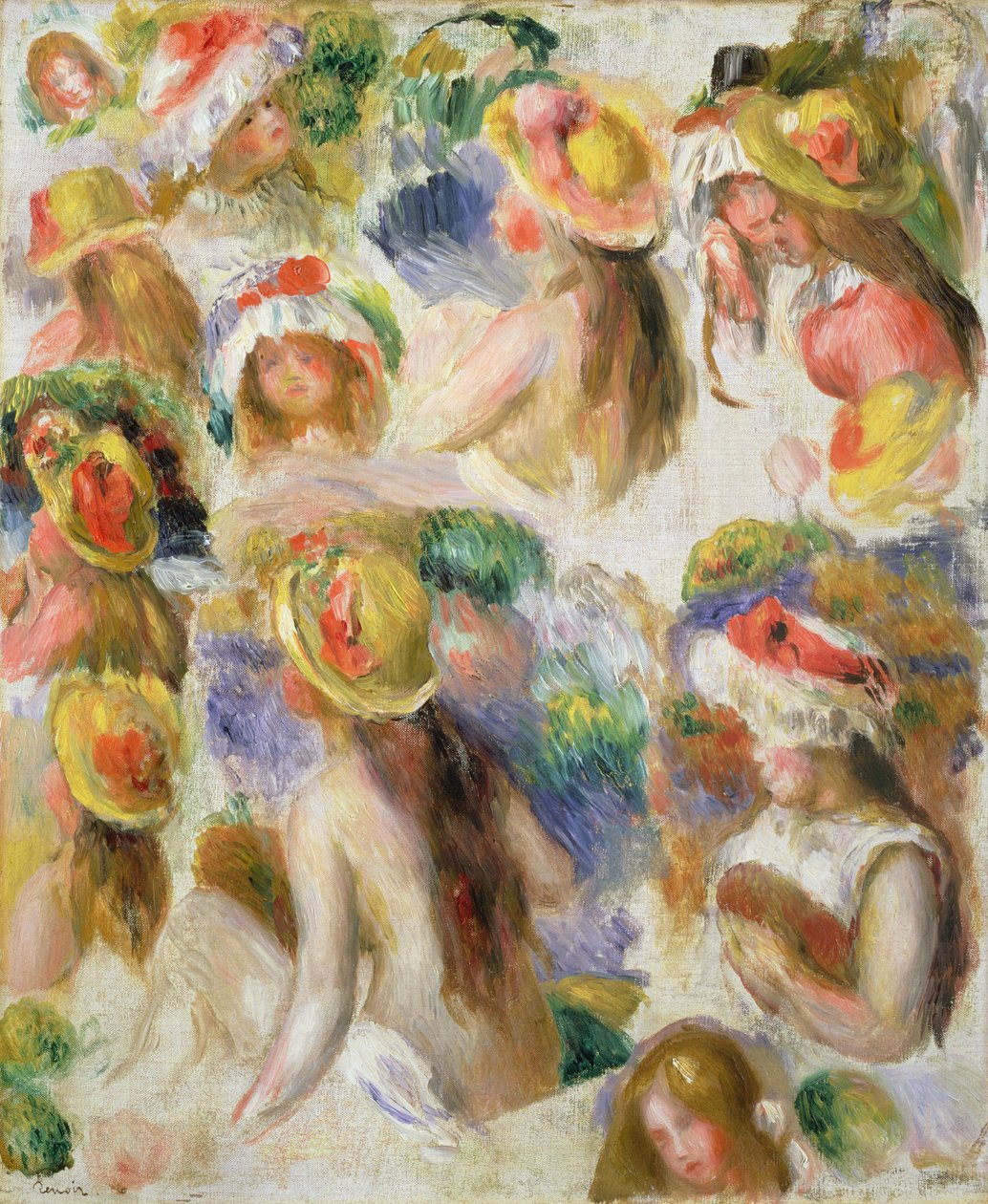 Studie dívek nosících klobouky od Pierre Auguste Renoir