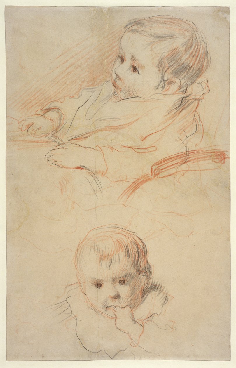 Dvě studie malého dítěte, 1875-80 (černá a červená křída na zažloutlém papíře) od Pierre Auguste Renoir