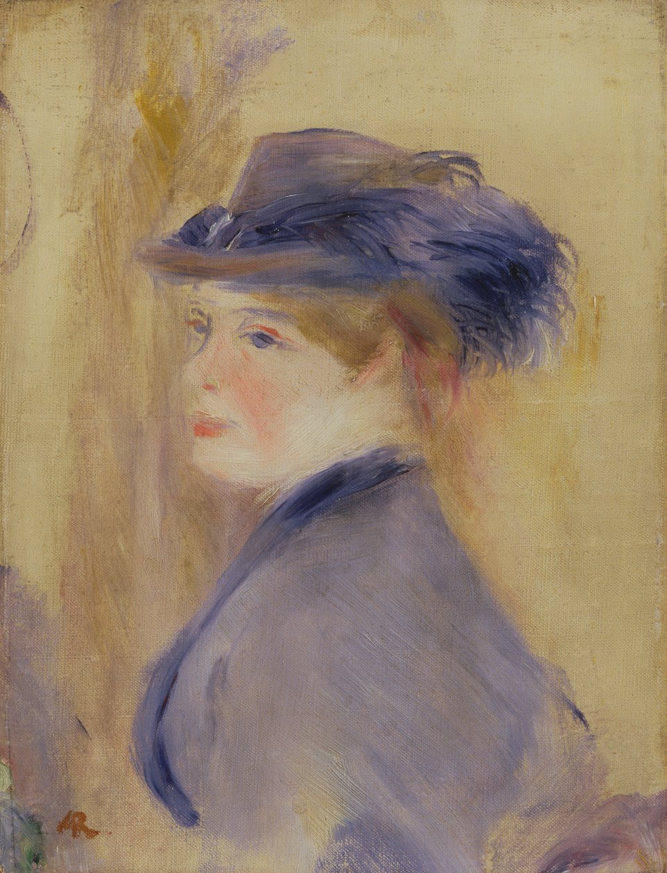 Žena v modrém s opeřeným kloboukem, kolem roku 1875 od Pierre Auguste Renoir