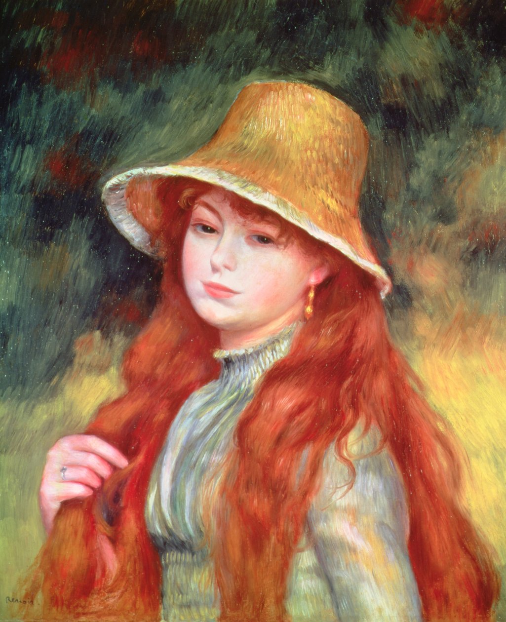 Mladá dívka s dlouhými vlasy nebo Mladá dívka ve slaměném klobouku, 1884 od Pierre Auguste Renoir
