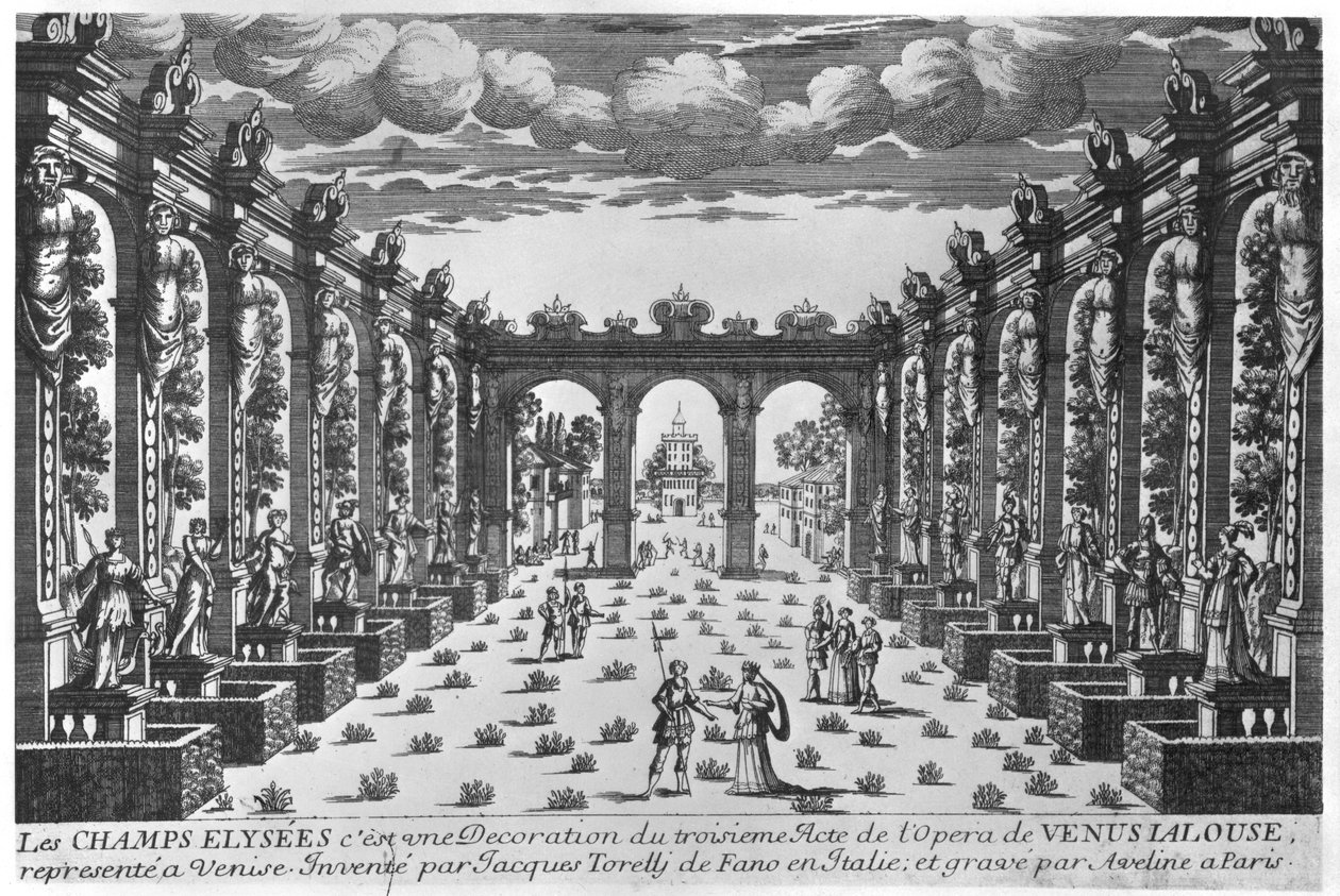 Scénický návrh Giacoma Torelliho (1608-78) pro operu „Venere Gelosa“ uvedenou v roce 1643 v Teatro novissimo ve Venise od Pierre Alexandre Aveline