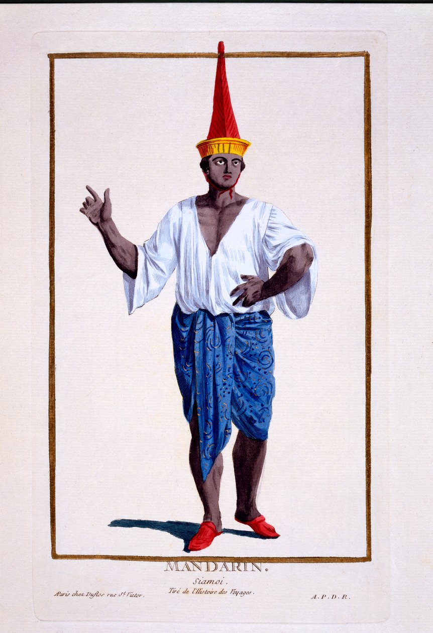ASiam Mandarin, neboli pozoruhodný, z „Recueil des Estampes, Representant les Rangs et des Dignités, podle Kostýmu všech existujících národů“, vydáno 1780 (ručně kolorovaná rytina) od Pierre Duflos