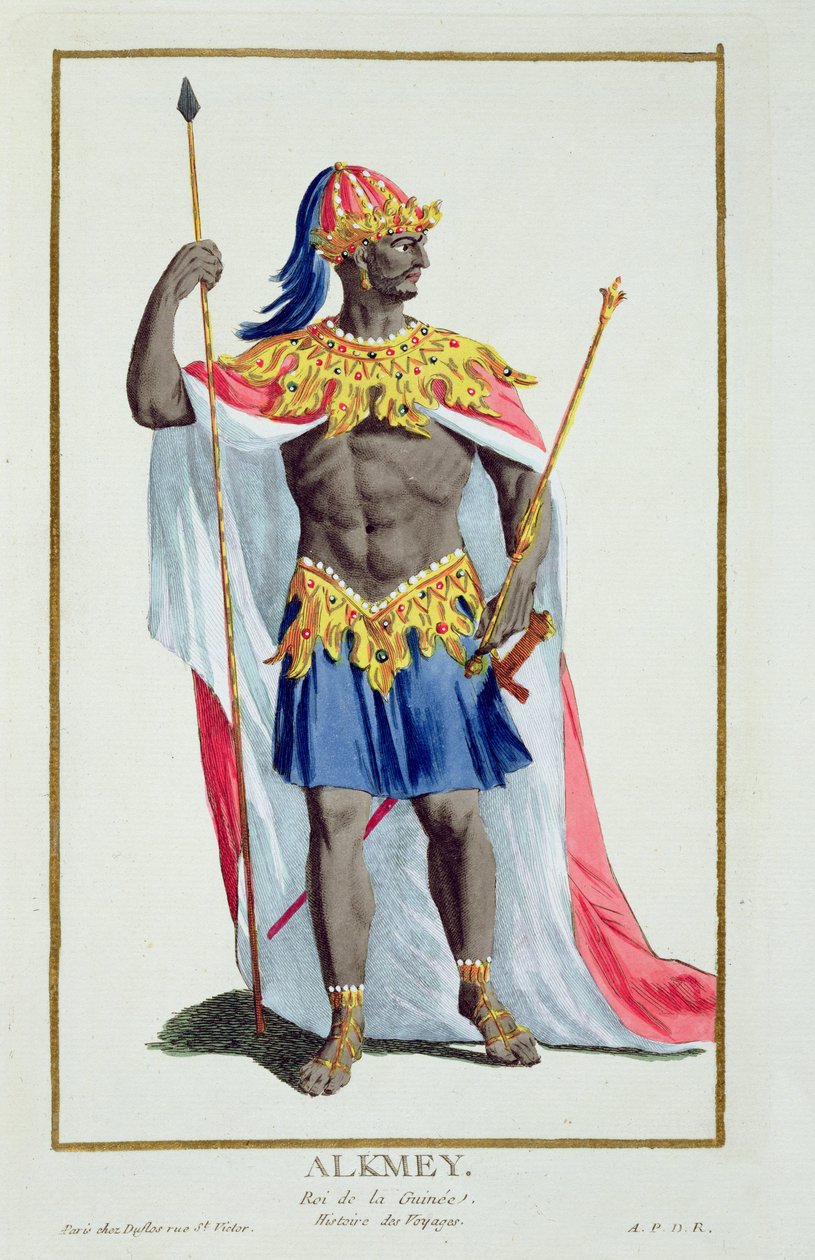 Alkemy, král Guineje z „Recueil des Estampes, Representant les Rangs et les Dignites, podle Kostýmu všech existujících národů“, vydaného roku 1780 (ručně kolorovaná rytina) od Pierre Duflos