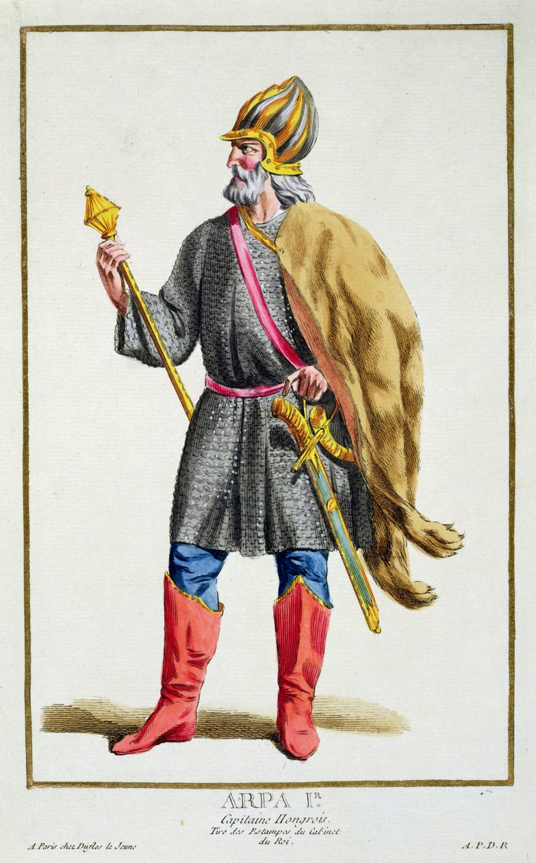 Arpa I z „Recueil des Estampes, Representant les Rangs et les Dignites, podle Kostýmu všech existujících národů“, vydaného roku 1780 (ručně kolorovaná rytina) od Pierre Duflos