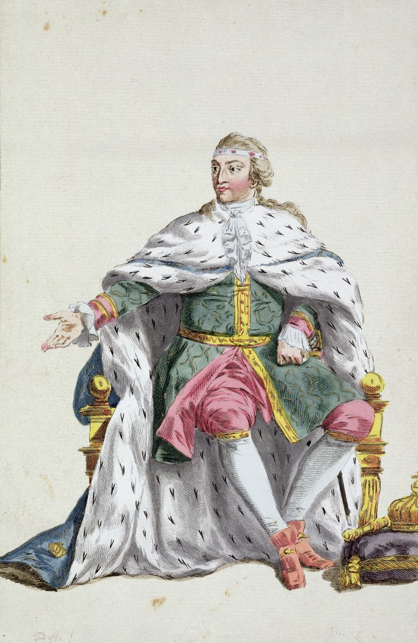 Karel XII. (1682-1718) švédský král z „Receuil des Estampes, představující hodnosti a hodnostáře, podle kostýmu všech existujících národů“, vydáno 1780 (ručně kolorovaná rytina od Pierre Duflos