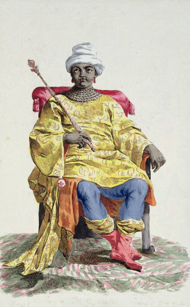 Don Alvaro, král Konga, z „Recueil des Estampes, představující hodnosti a hodnostáře, podle kostýmu všech existujících národů“, vydané v roce 1780 (ručně kolorovaná rytina) od Pierre Duflos
