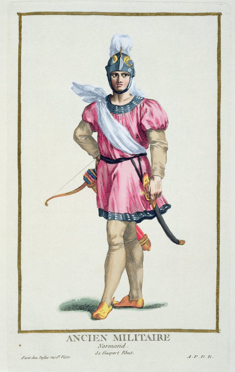 Šaty normanského vojáka z „Receuil des Estampes, Representant les Rangs et les Dignites, podle Kostýmu všech existujících národů“, vydáno 1780 (ručně kolorovaná rytina) od Pierre Duflos