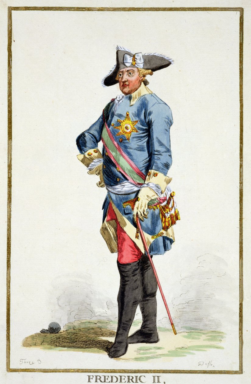 Fridrich II. Veliký (1712–86) pruský král (1740–86) z „Receuil des Estampes, představující hodnosti a hodnostáře podle kostýmu všech existujících národů“, vydáno 1780 (h od Pierre Duflos