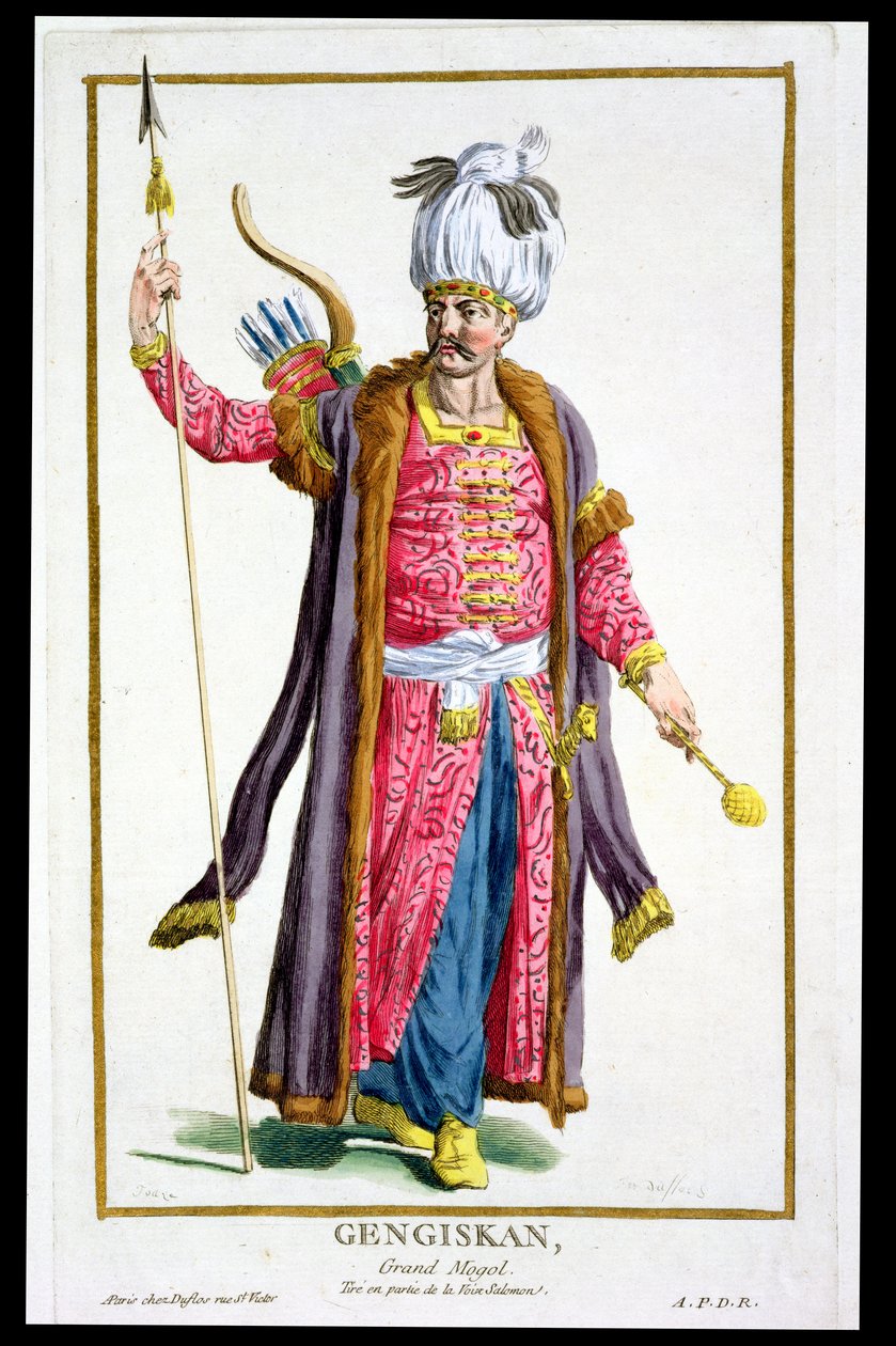 Čingischán (asi 1162-1227) z „Receuil des Estampes, reprezentující hodnosti a hodnostáře, podle Kostýmu všech existujících národů“, vydáno 1780 (ručně kolorovaná rytina) od Pierre Duflos