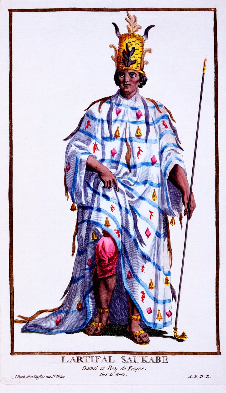 Král Kayoru, Llartifal Saukabe, z knihy "Receuil des Estampes, representant les Rangs et les Dignites, suivant le Costume de toutes les Nations existantes", vydané roku 1780 (ručně kolorovaná rytina) od Pierre Duflos