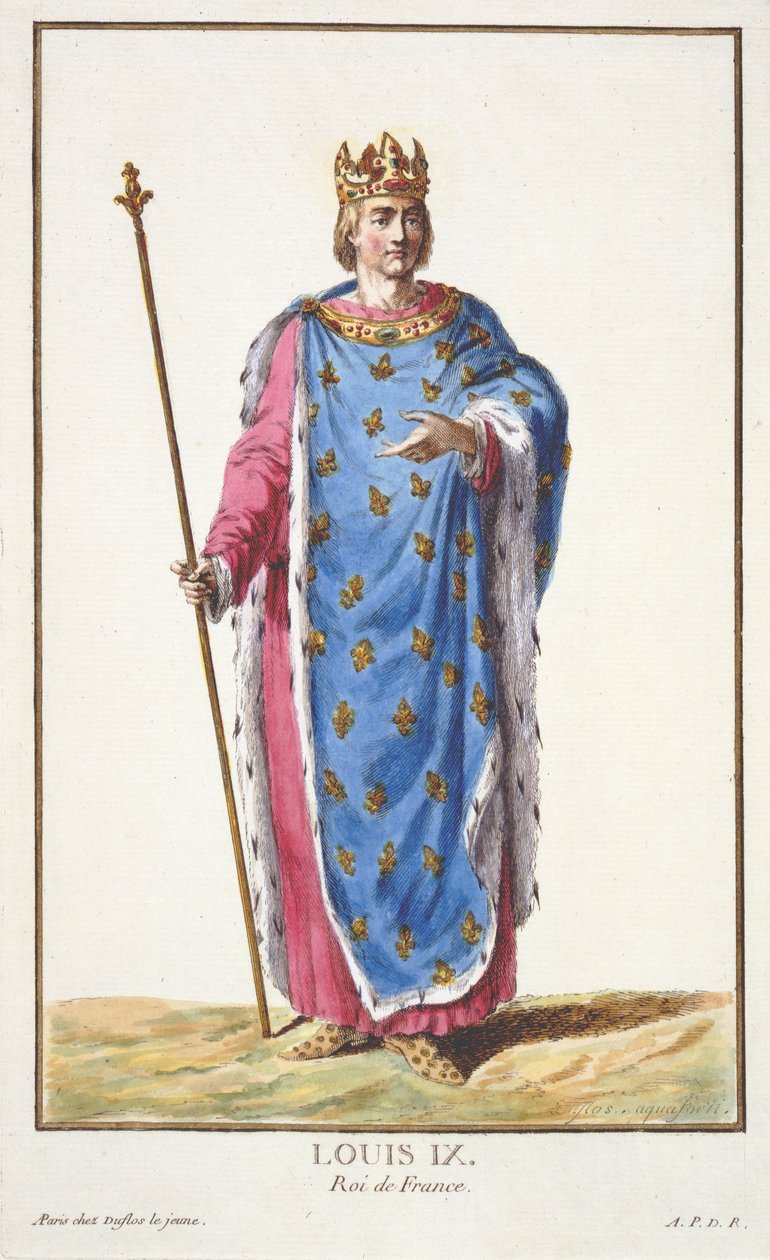 Ludvík IX. (1214-70) francouzský král z „Receuil des Estampes, representant les Rangs et les Dignites, podle kostýmu všech existujících národů“, vydáno 1780 (ručně kolorovaná rytina) od Pierre Duflos